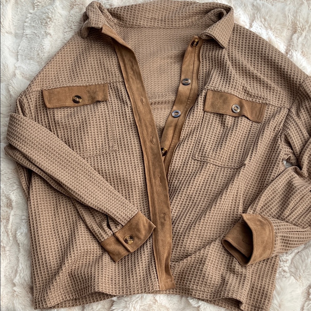Waffle Knit Button-Up Jacket in Camel